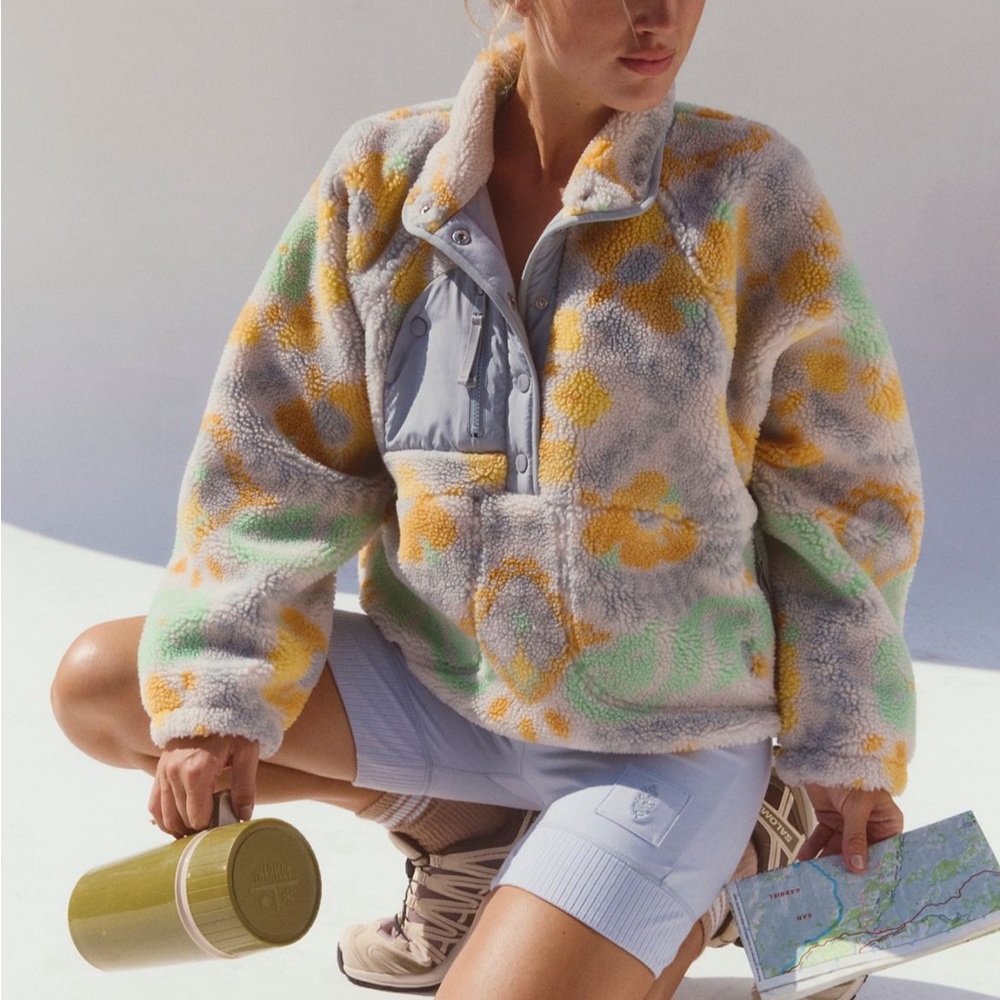 Free People Sherpa Pullover Jacket in Gray, Yellow & Mint